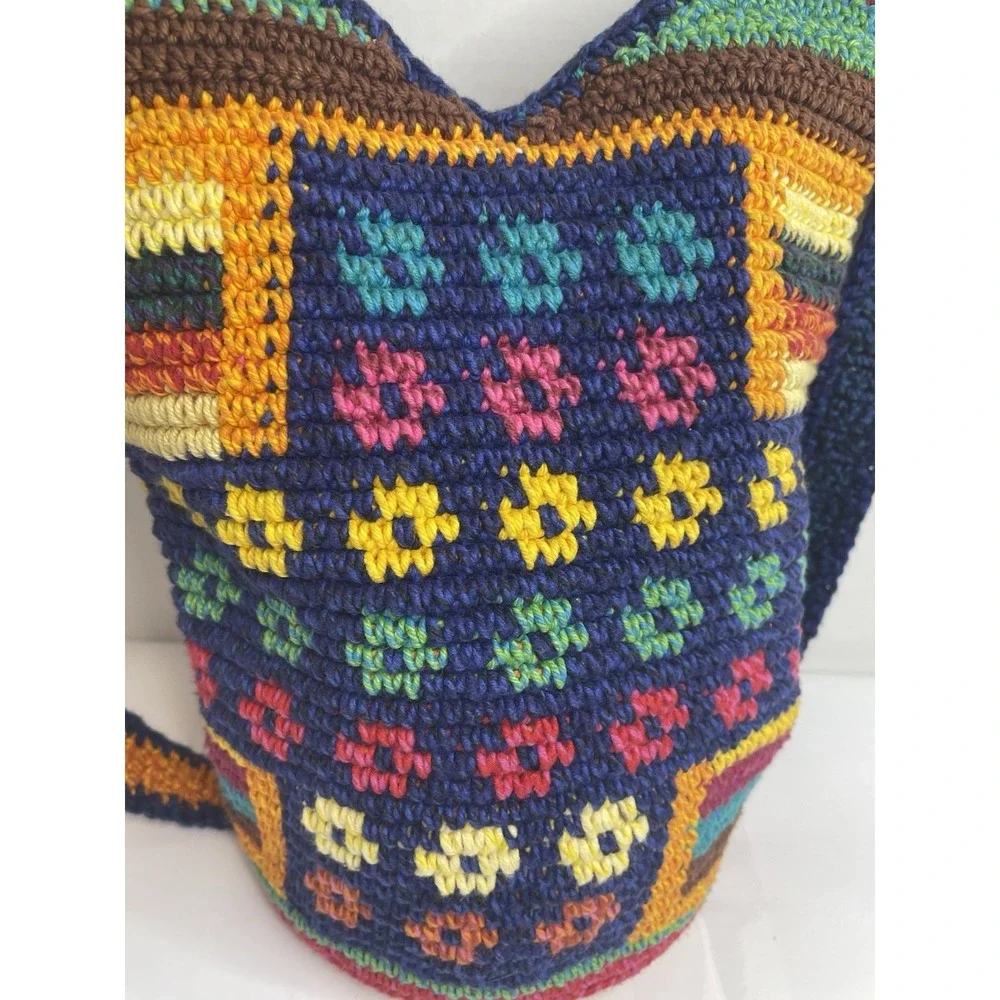 Guatamalan Woven Hobo Bag Crossbody Purse With Zipper Blue Orange Yellow Floral